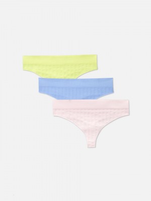 Primark 3-Pack Seamfree Brede Geribbeld String Dames Blauw | Nederland 16723-SCOI