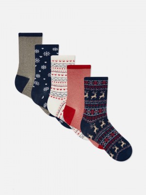 Primark 5-Pack Christmas Pattern Crew Sokken Dames Rood | Nederland 98546-GBKX