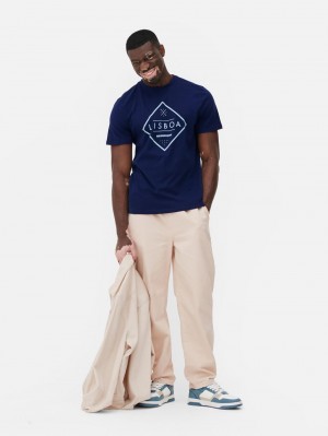 Primark Lisboa Grafische Print T-shirts Heren Donkerblauw | Nederland 71538-BOJT