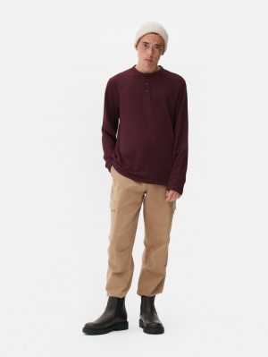 Primark Textured Long Sleeve Henley T-shirts Heren Bordeaux | Nederland 61328-BETG