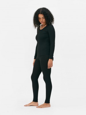 Primark Thermal Geribbeld Long Sleeve Top T-shirts Dames Zwart | Nederland 51984-LKSU