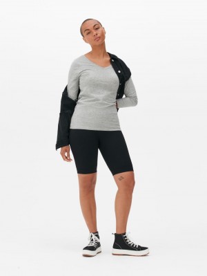 Primark V-Neck Long Sleeve Katoenen Rich T-shirts Dames Grijs | Nederland 02417-NMCE