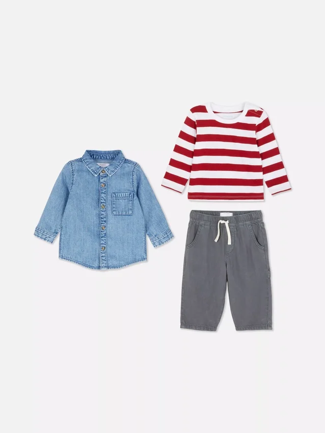 0-36 maanden | Set bestaande uit T-shirt met lange mouwen, broek en spijkeroverhemd
