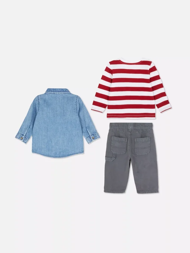 0-36 maanden | Set bestaande uit T-shirt met lange mouwen, broek en spijkeroverhemd