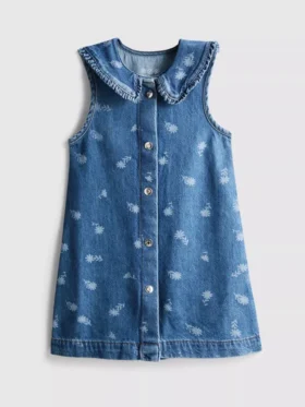 1,5-8 jaar | bloemenprint, mouwloze denimjurk met kraag