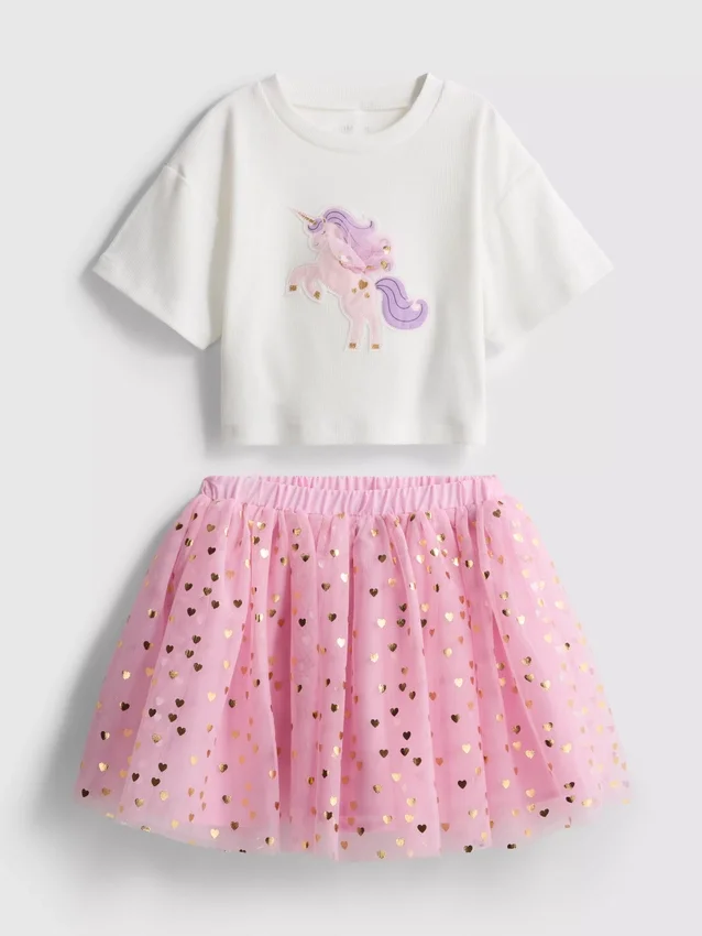 1,5-8 jaar | Set met T-shirt met eenhoornprint en tutu-rokje