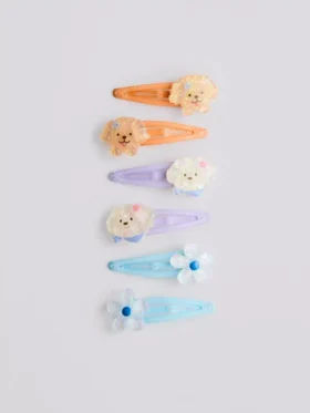 6-pack haarclips met hond-bedeltje en kliksluiting