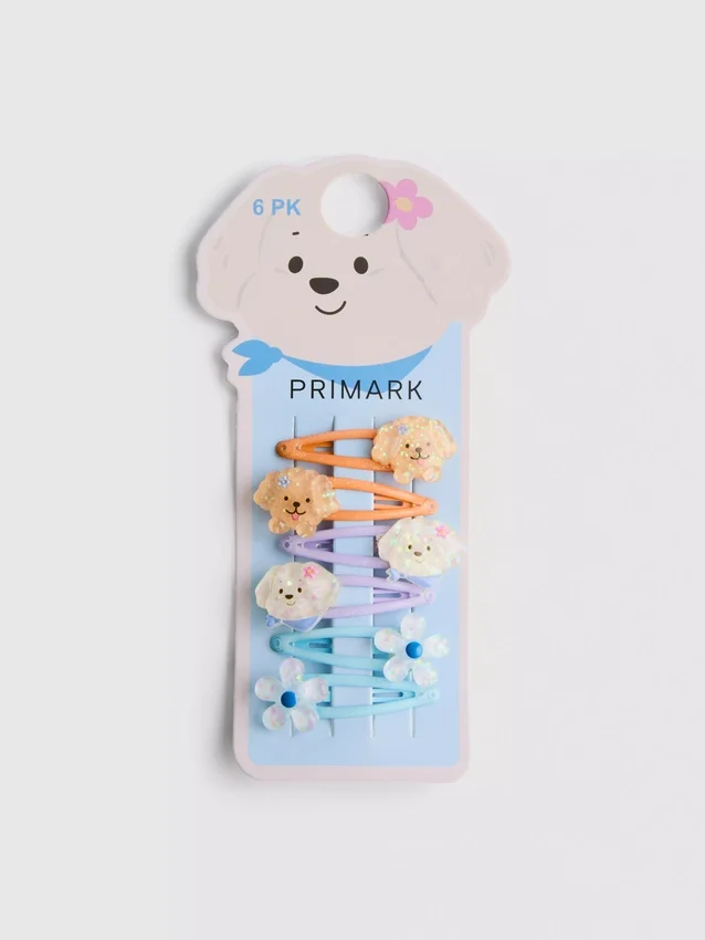 6-pack haarclips met hond-bedeltje en kliksluiting