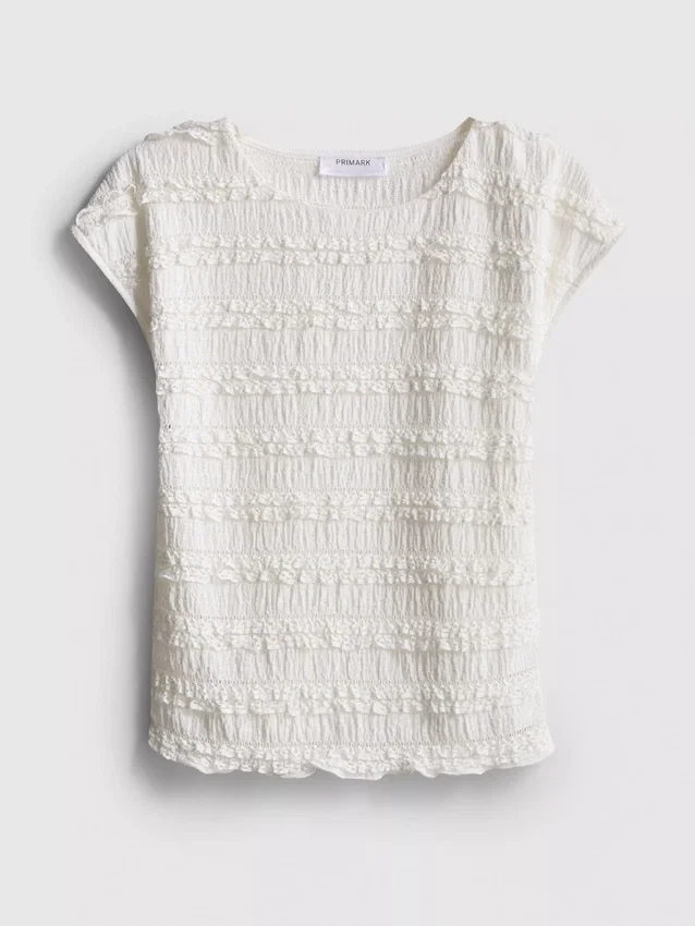7-15 jaar | Blouse met gekreukelde kapmouwtjes en kanten rand