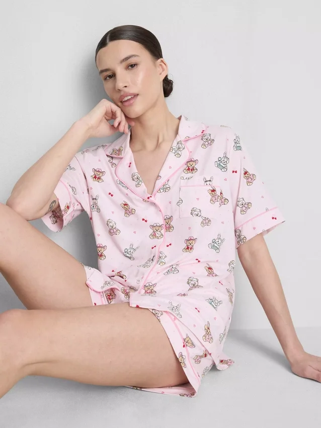Bedrukte teddy boyfriend shorty-pyjama's