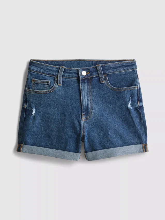 Denimshort met middelhoge taille en omgeslagen zoom