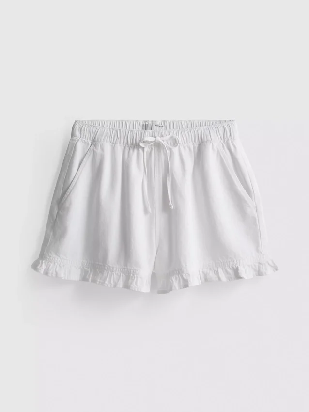 Denimshort met ruches aan de zoom