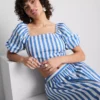 Gestreepte bardot-top met pofmouwen