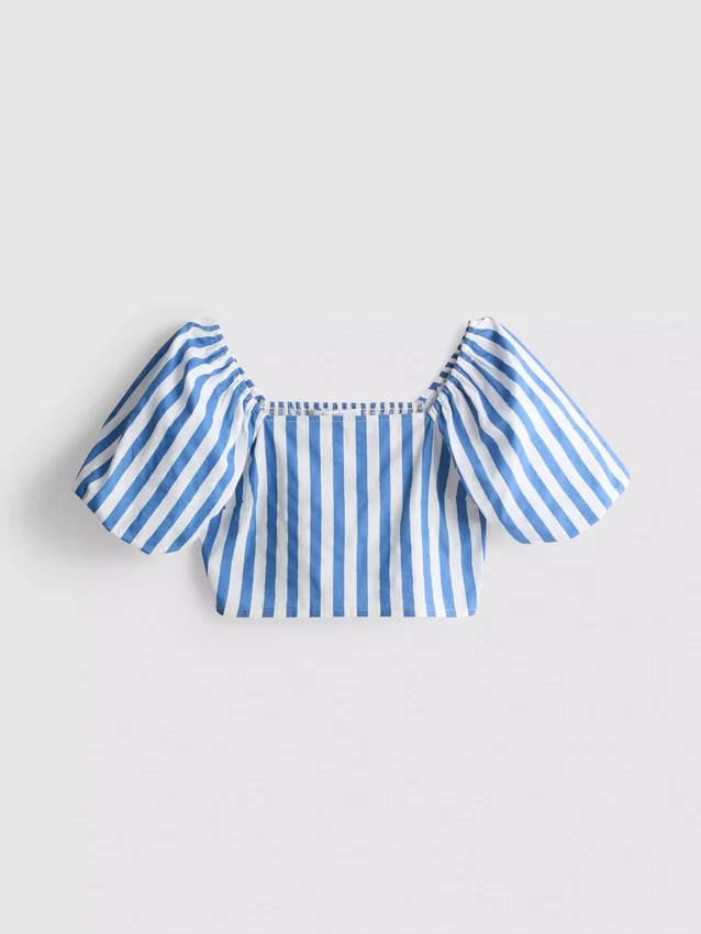 Gestreepte bardot-top met pofmouwen