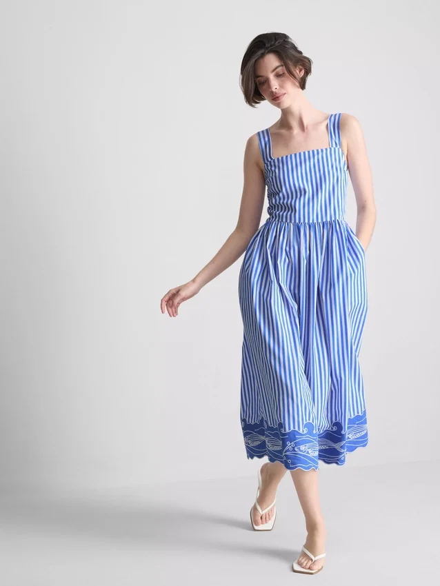 Gestreepte maxi-jurk met borduursels