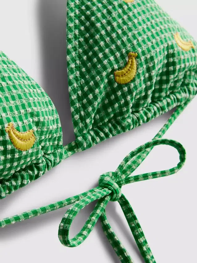 Gingham-bikinitop met driehoekige cup en bananenmotief
