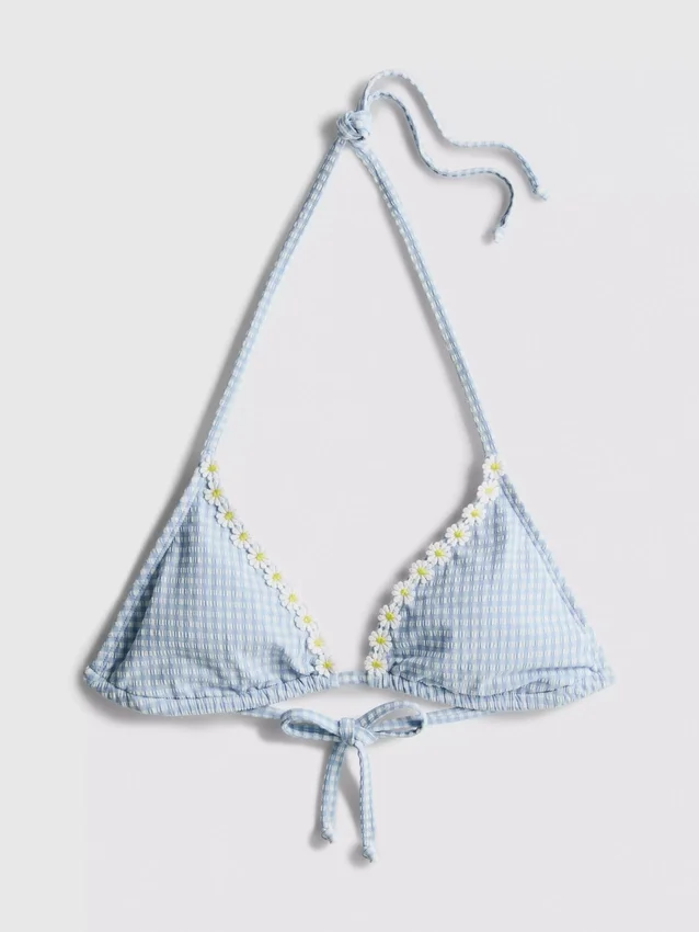 Gingham driehoekige bikinitop met madeliefjesrand