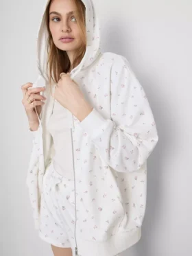 Hoodie met ritssluiting en bloemenprint, rijk aan katoen