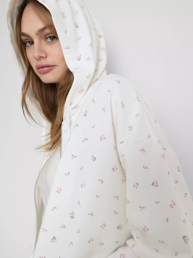 Hoodie met ritssluiting en bloemenprint, rijk aan katoen