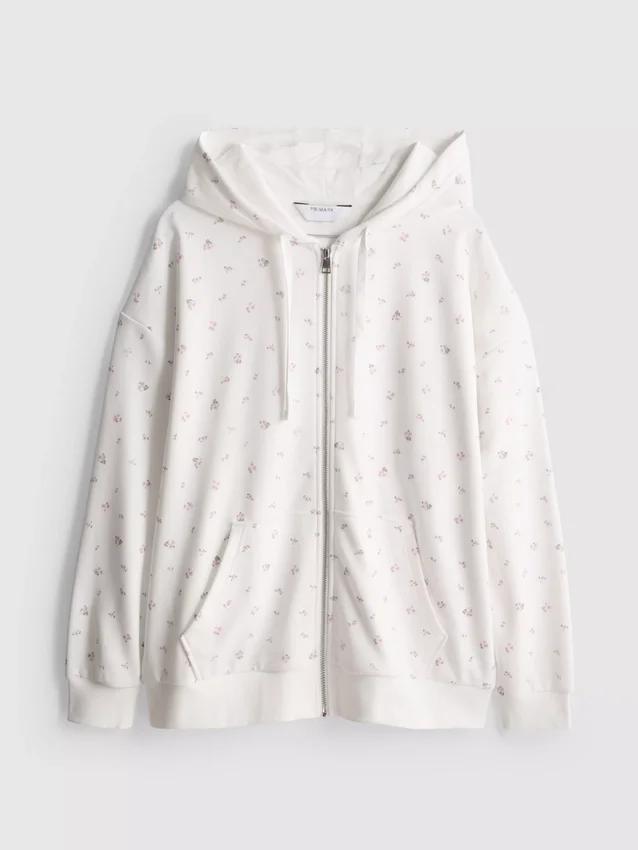 Hoodie met ritssluiting en bloemenprint, rijk aan katoen