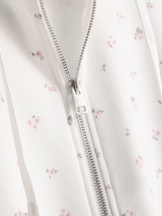 Hoodie met ritssluiting en bloemenprint, rijk aan katoen