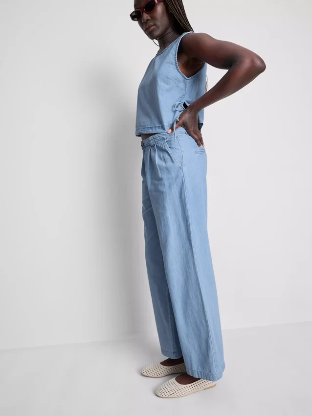 Katoenen denim jeans met plooien en wijde pijpen