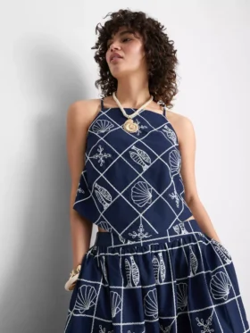 Katoenen halternekblouse met opengewerkt patroon