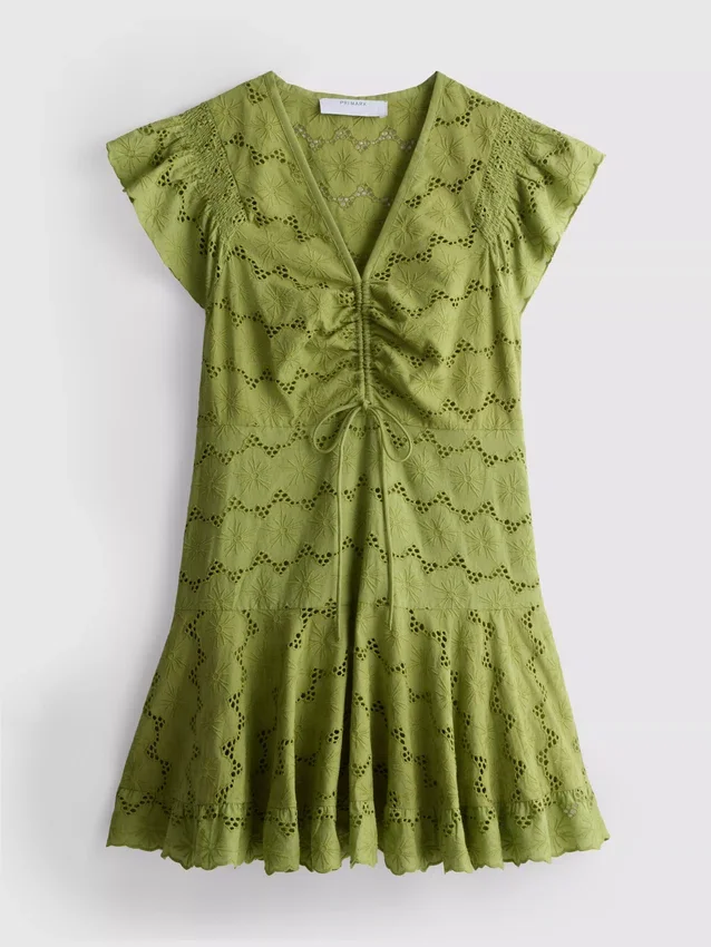 Katoenen mini-jurk met ruches en oogjes