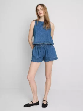 Korte katoenen denim tanktop met ruches