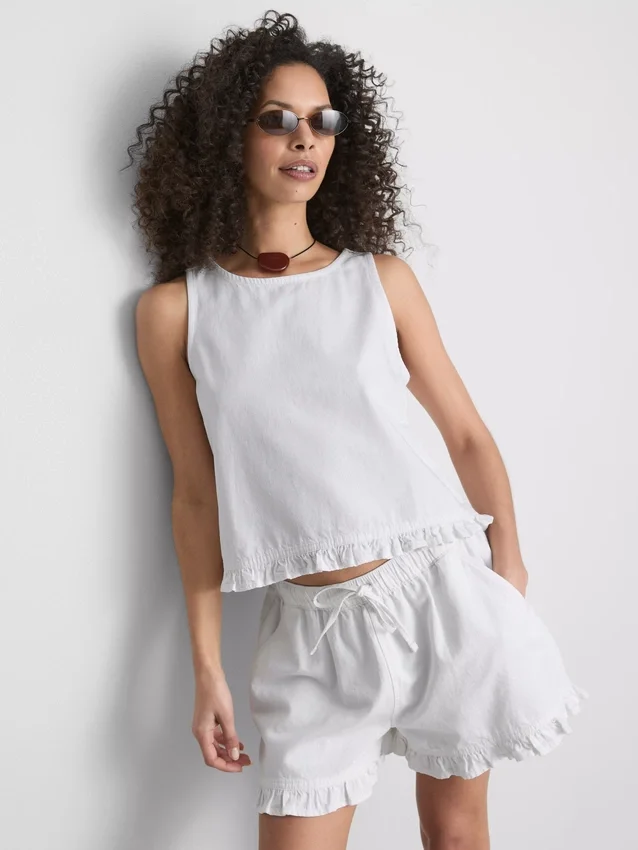 Korte katoenen denim tanktop met ruches