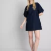 Mini-jurk van katoenen denim met pofmouwtjes