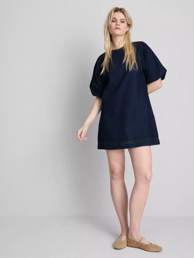 Mini-jurk van katoenen denim met pofmouwtjes