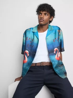 Overhemd met korte mouwen en knopen, met flamingoprint