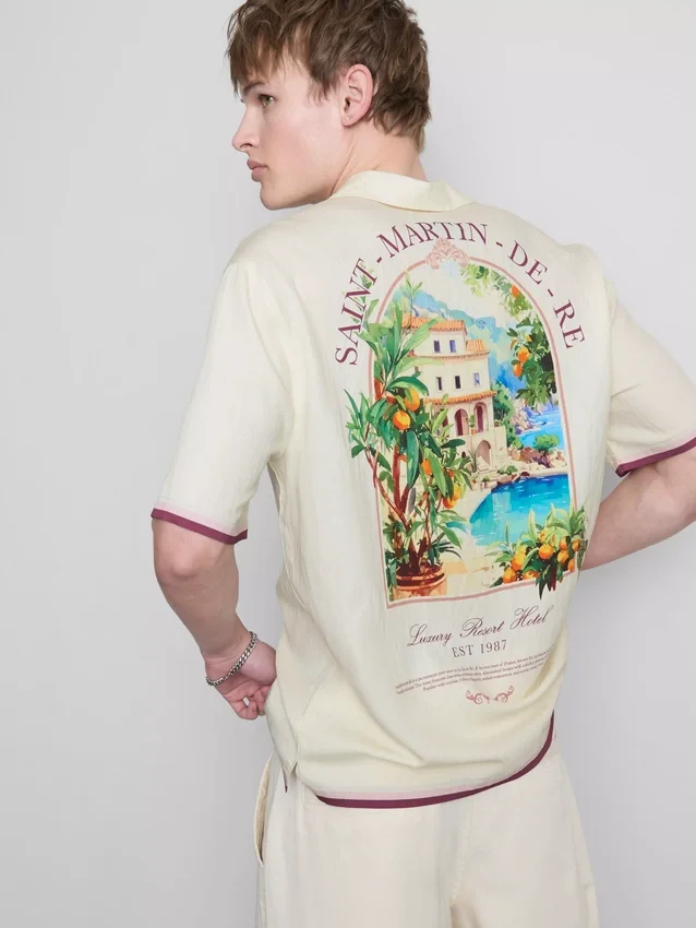Overhemd met landschappelijke print en reverskraag