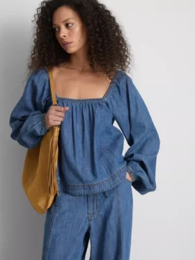 Paula Echevarría denim top met pofmouwen