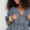 Paula Echevarría gestreepte seersuckerblouse met pofmouwen