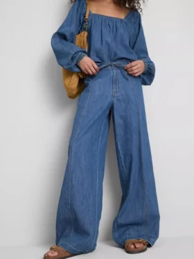 Paula Echevarría katoenrijke denim broek met wijde pijpen