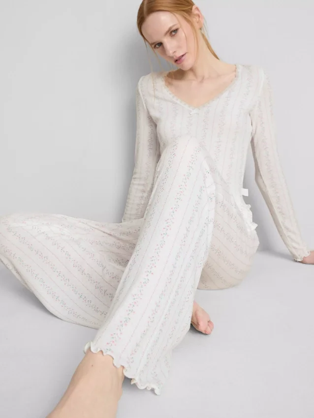 Pyjamabroek met bloemenprint in pointelle-stijl