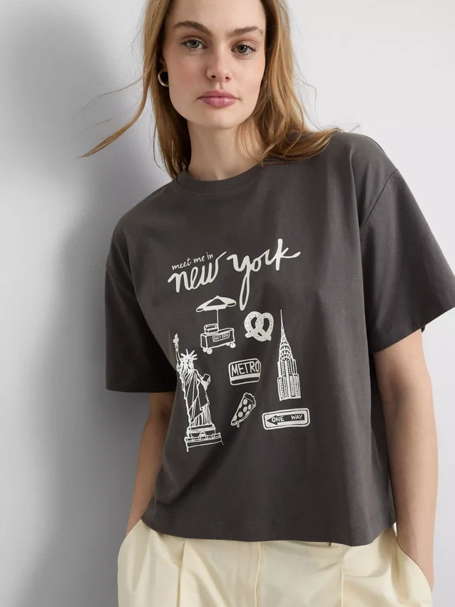 Rechthoekig katoenen T-shirt met print