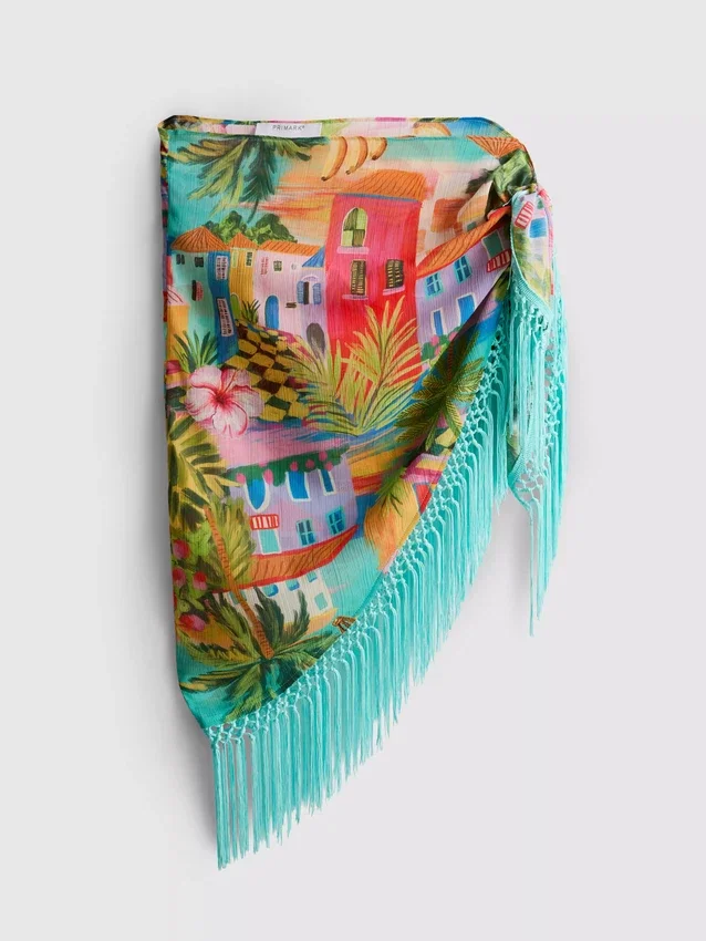 Sarong met franjes en tropische print