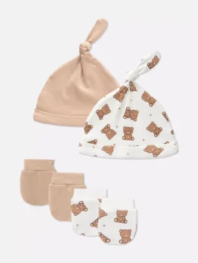 Set van 2 stuks met teddybeermuts en wanten voor pasgeborenen
