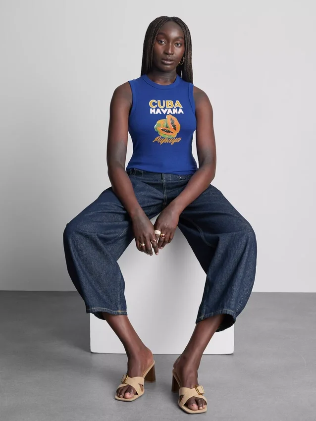 Tanktop met print, geribd, met hoog katoengehalte
