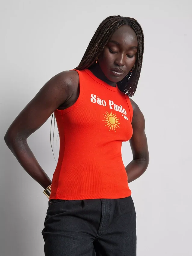 Tanktop met print, geribd, met hoog katoengehalte