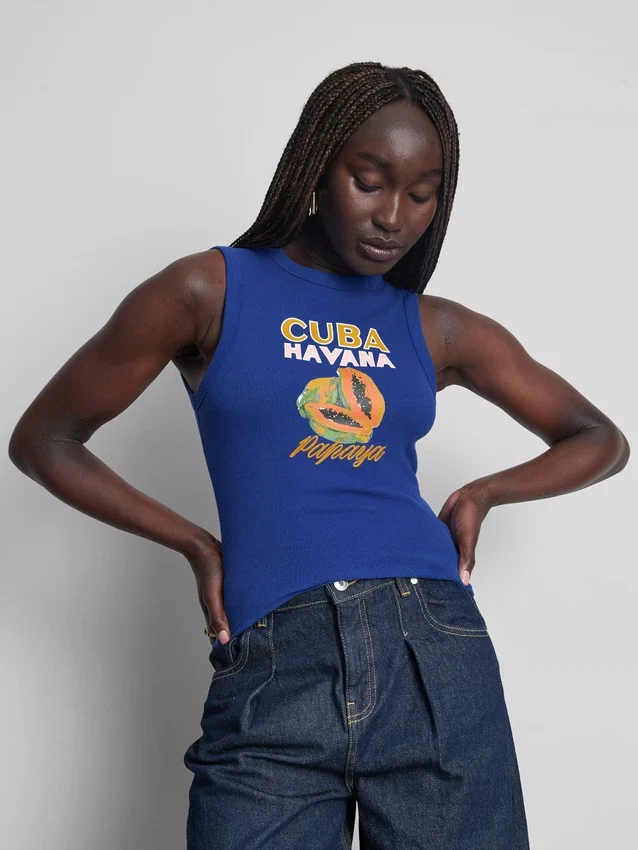 Tanktop met print, geribd, met hoog katoengehalte