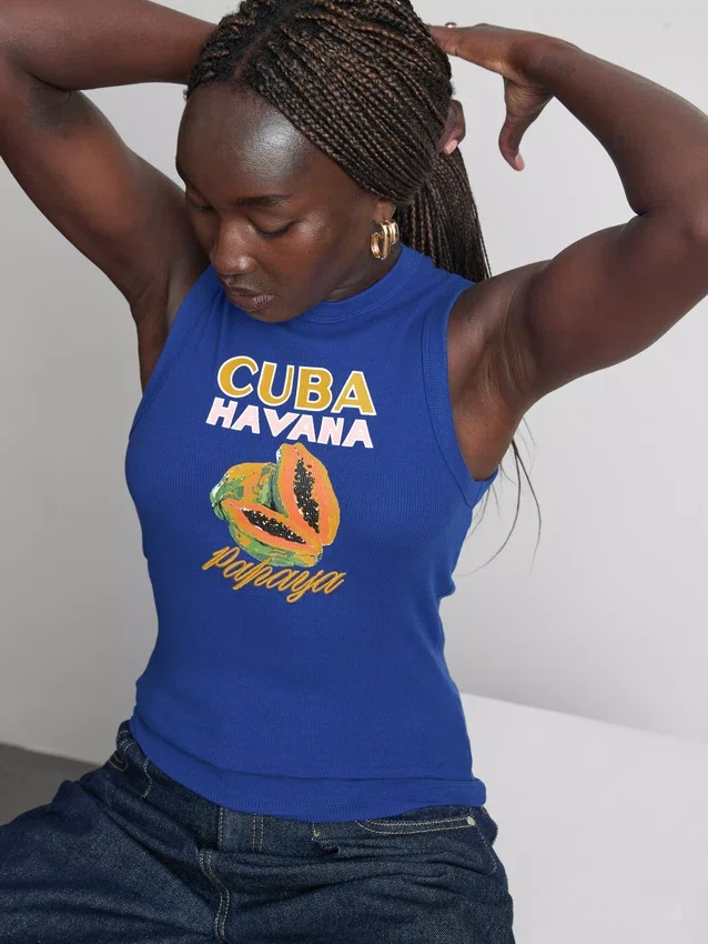 Tanktop met print, geribd, met hoog katoengehalte
