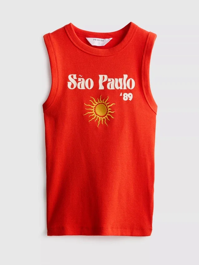 Tanktop met print, geribd, met hoog katoengehalte