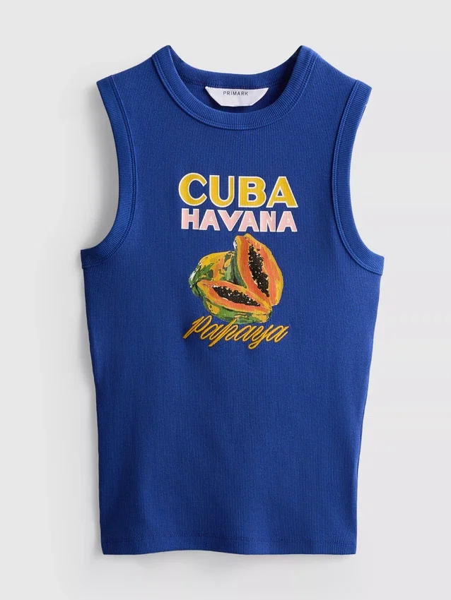 Tanktop met print, geribd, met hoog katoengehalte