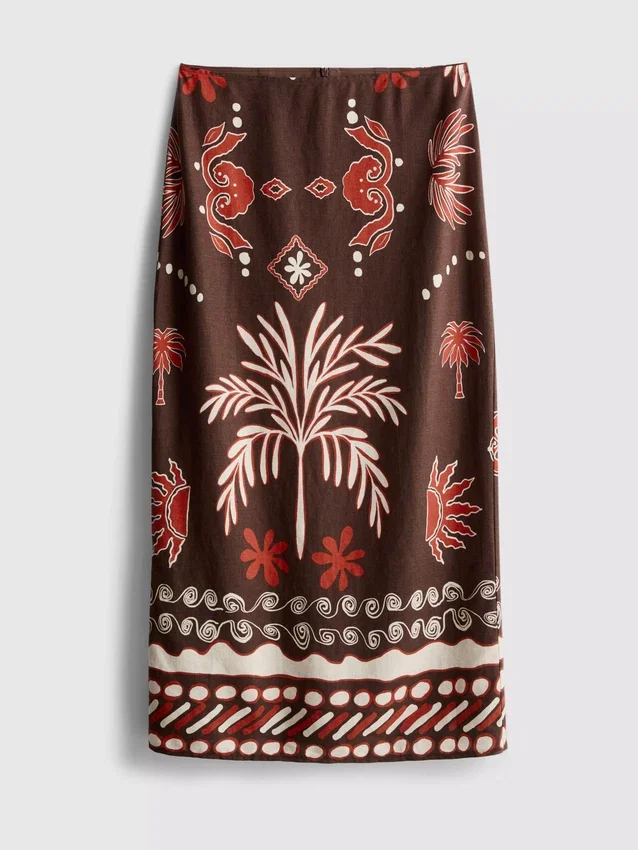 The Edit midi-rok van linnenmix met print
