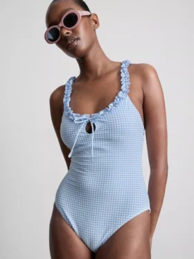 Zwempak met ruches in gingham-print