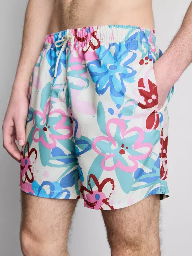 Zwemshort met bloemenprint en graffitidetails